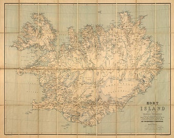 Map of Iceland - 1900. Þorvaldur Thoroddsen. Restoration Hardware Home Deco Style Old Wall Vintage Reprint. Varies sizes available.