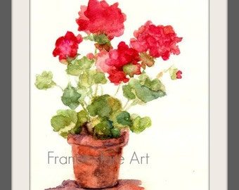 Original Watercolor Print Potted Geraniums 5x7 8x10 11x14 12x18 Still Life Impressionism Country Cottage Chic Home Decor Wall Art
