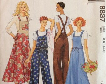McCalls 8837 Bib Overall Pants or Dress with Criss Cross Straps - Size 4 6 8