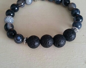 Black Agate (banded) and Lava Stone Gemstone Bracelet