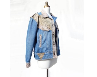 80s Denim Jacket Oversized Denim Leopard Print Vintage Jean Jacket Vintage Denim Jacket 1980s Jean Jacket Denim Bomber Jacket xs to m