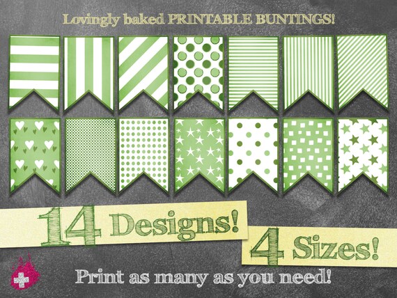 Printable bunting banner in GREEN &amp; WHITE. Stripes dots