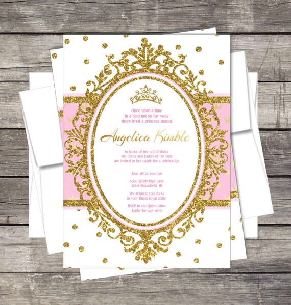 Royal Princess Birthday Party Invitation Pink Gold Glitter