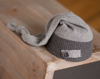 Newborn Hat, Newborn Boy Hat, Upcycled Newborn Hat, Gray Newborn Hat with Button, Newborn Photography Prop, Photo Prop, Newborn Sleep Cap