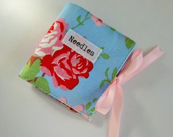 Handmade Sewing Needle Case with Blue Vintage Floral Print with Applique