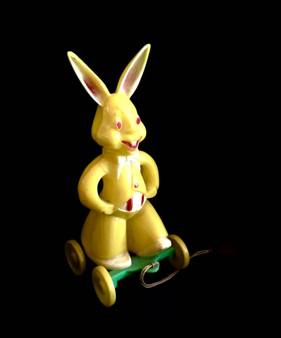 Vintage Bunny on Wheels Plastic Pull Toy Easter Basket Toy