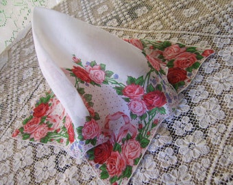 Large Sized Vintage Red PInk Roses and Ribbons Dotted Hanky Handkerchief/Scarf