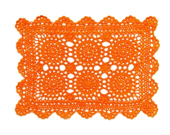 Rectangular Orange hand dyed Crochet Doily Vintage doily