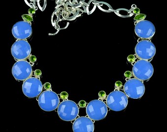 Faceted Chalcedony & Peridot Studded Sterling Silver Necklace,Statement Necklace