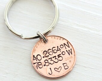 Luckty to have Found You, Coordinates Keychain, Lucky Penny Keychain, Lucky US Penny, Longitude Latitude Keychain, Copper Anniversary Gift