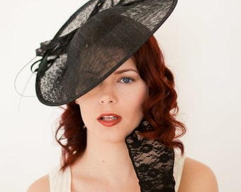 large Black Fascinator, Black Derby Hat, Womens Tea Party Hat, Church Hat, Derby Hat, Fancy Hat, Royal Hat, Tea Party Hat, wedding hat