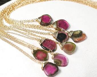 Watermelon tourmaline slice necklace in 14k gold filled, Sold Individually, Minimalist jewelry, October birthstone