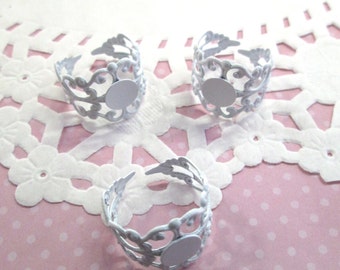 5pc White Filigree Enamel Rings 8mm Pad A163