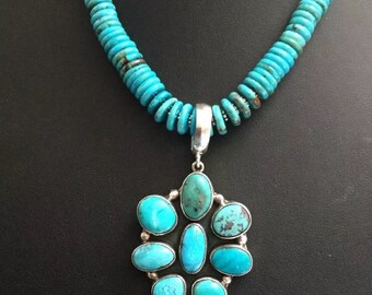 Sterling Silver Turquoise Bead Necklace Turquoise Cluster Pendant C Yazzie