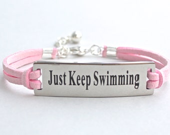 Stainless Steel " Just Keep Swimming " Bracelet - Faux Suede Leather Cord - Affirmation Charm Bracelet - Gift For Her , ST755