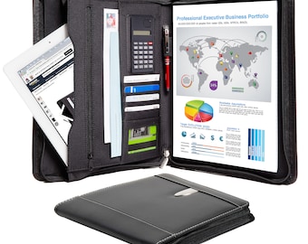 Leather Portfolio – Professional Business Zippered Portfolio - Bonded Leather Padfolio Organizer, A4 Notepad, iPad / Tablet Holder - NEW