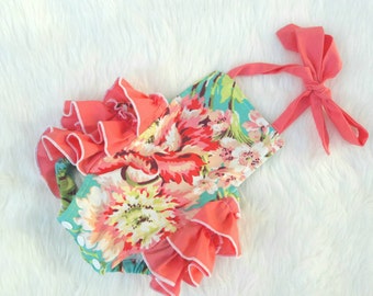 Baby Bubble Romper - Baby Girl Romper- Baby Romper - Bliss bouquet - Turquoise - Coral - Romper - Baby Sunsuit - Photo Prop - Vintage look