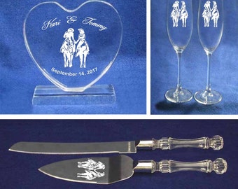 Cowgirl Cowboy Montana Western Wedding cake topper glasses & knife personalized