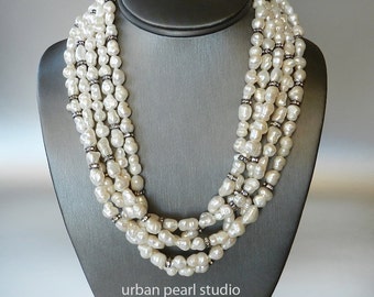 Multi Strand Pearl Necklace Layered Baroque Pearl Necklace Black and White Pearl Statement Necklace Gift For Her