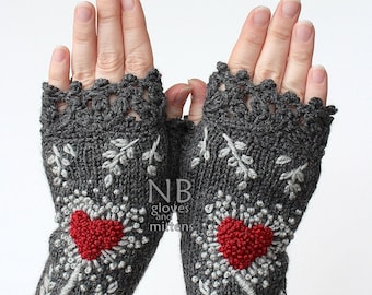 Valentines Day Gift, Knitted Fingerless Gloves, Gloves With Heart, Embroidered Mittens, Grey And Red, Gifts For Women, Valentine's Day, Gray