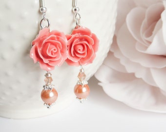 Romantic peach flower earrings, peach dangle rose earrings, vintage style wedding jewelry, gift for her