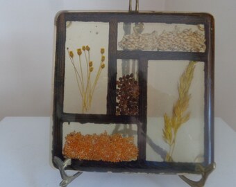 Vintage Lucite Trivet & Wall Plaque With Dried Flower And Seeds, 1970's -Retro Lucite Trivet -Hippie Kitchen Decor -1970s Lucite Wall Plaque