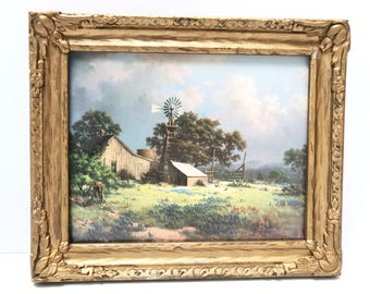 Dalhart Windberg Signed Print, "Memorable Springtide". A Bounty of Springtime Flowers Surround the Barn and Windmill