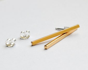 Gold Square Bar Stud Earrings - 1" Gold Line Bar Earrings - Minimal Gold Drop Studs - Minimalist Dangle Bars - Hook and Matter Brooklyn NYC