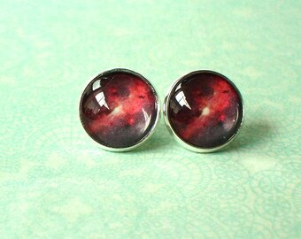 20 % OFF - Black Red Galaxy Cosmos Cabochon Stud Earrings,Earring Post,Cute Gift Idea