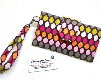 Ladies Wallet, brown pink colorful print wallet, organizer wallet, checkbook, cell phone accessory, wristlet, small purse, wallet with strap