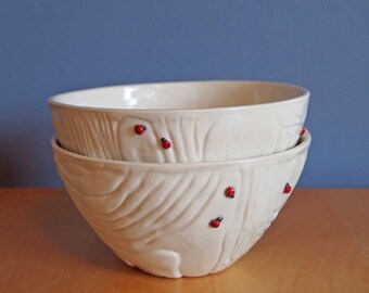 cereal bowl with faux bois pattern and ladybugs