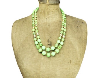 Vintage Green and Gold Necklace, Long Green Bead Necklace, Green and Gold Bead Necklace, Long Green Necklace, Green Double Strand Necklace