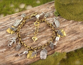 Wine Vineyard Love Grape Leaf Charm Bracelet