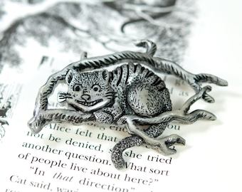 Silver Cheshire Cat Pin, Alice in Wonderland Pin, Alice in Wonderland Brooch, Cheshire Cat Brooch, Cheshire Cat Jewelry, Wonderland Jewelry
