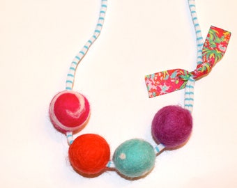 Poppy Flamingo Felted Wool Ball Necklace