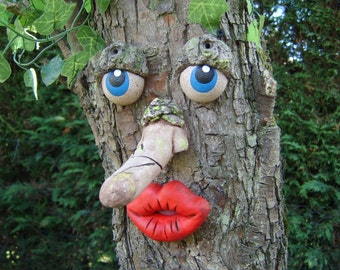 Tree Faces, outdoor garden ornaments, sculptures, statues, tree decoration. Great gifts for gardeners. Funny faces on trees, yard art.