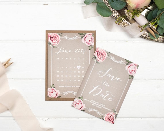 Vintage Save The Date Card - A6 Grey Floral Framed