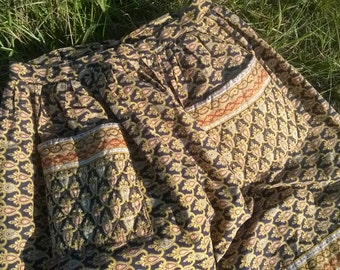 Vintage Folk Quilted Provence Skirt Black Yellow Paisley Front Pocket French Handmade Cotton Clothing for Costume Medium #sophieladydeparis
