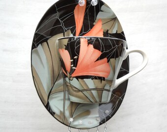 Glass Yard Garden Art, Tea Cup Stained Glass Wind Chime Recycled Teacup Windchime, Suncatcher, Hostess Gift, Housewarming Gift, Gift for Her