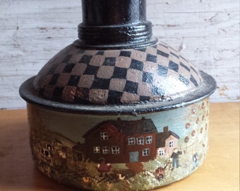 Folk Art Painted 1950's Kerosene Container by folk artist M. L. Edwards. Nicely Done. Very Collectible. Nicely Repurposed Art.