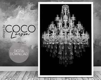 Crystal chandelier print, bedroom wall art, chandelier printable, modern wall art, bathroom wall art, black white chandelier, digital print