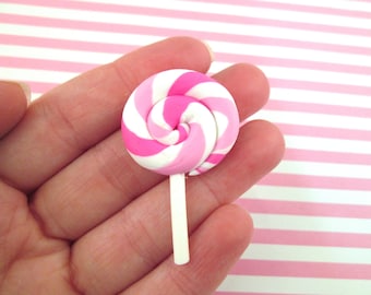 3 Pink Polymer Clay Lollipop Cabochons Fake Candy, #038