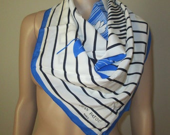 JEAN PATOU Paris Silk Scarf vintage Designer scarf blue Floral geometric striped 1970s 80s