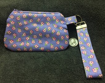Coin Purse with Removable Strap - Light Purple with Pink Flowers