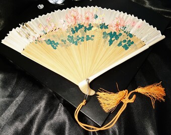 Vintage 1930's silk, and bamboo folding oriental hand fan, floral accordian vintage fan, bone guards