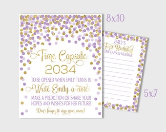 First Birthday Sign Purple And Gold Time Capsule Sign Time Capsule Sign & Message Cards 1st Birthday Time Capsule Lavender And Gold Confetti