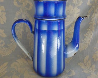 Vintage enamel coffee pot Biggin blue and white striped, 1930's, enamel jug, cafétiere, enamelware kitchenalia, antique country kitchen VGC