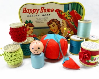 Needful Notions Vintage Tomato Pincushion Thread Spools Colorful Collection Studio Display Supplies Lot