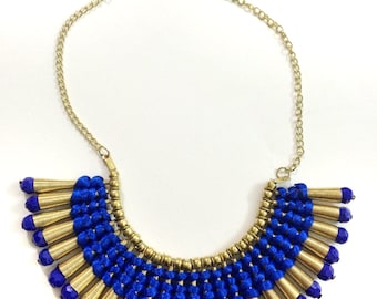 Blue and Gold Bib Necklace,Gold Fringe Necklace,Statement Jewelry,Wedding Jewelry,Fall Statement Necklace by Taneesi