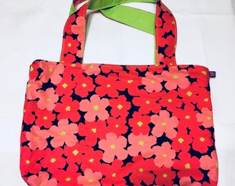Coral/pink floral print tote bag with magnetic snap